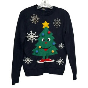 Women's Forever 21 Ugly Christmas Holiday Tree Navy‎ Blue Sweater Size Small (S)